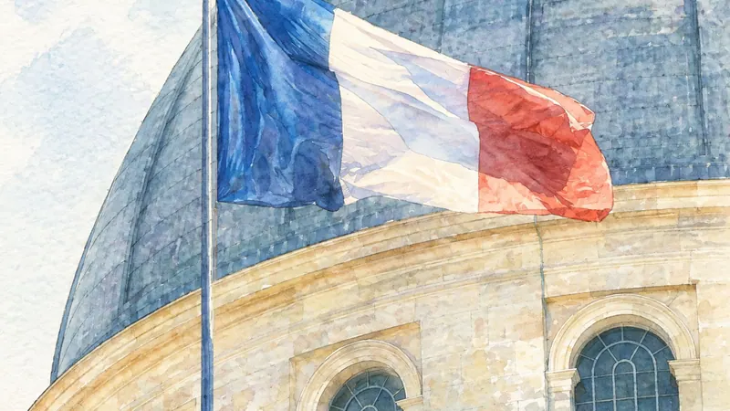 Questions entretien naturalisation 2027 : drapeau tricolore devant un bâtiment officiel
